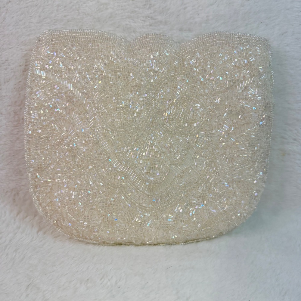 Bechamel White Iridescent Beaded Evening Clutch Crossbody Bag Wedding Formal